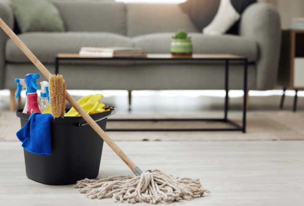 Cleaning products in a living room